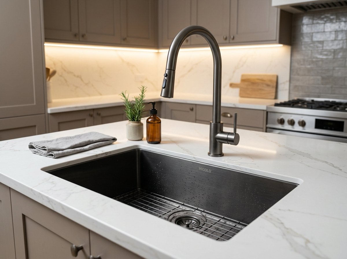 Product visualisation of Higold gunmetal stainless steel undermount sink with dual-spray pull-out mixer on Calacatta quartz worktop