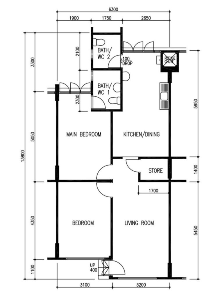 Architectural diagram highlighting thick bold lines of structural load bearing walls