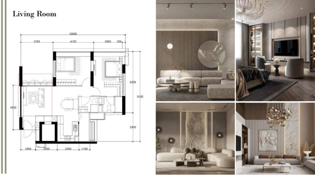 Curated interior design moodboard sample showcasing timber veneers, quartz swatches, and color palettes