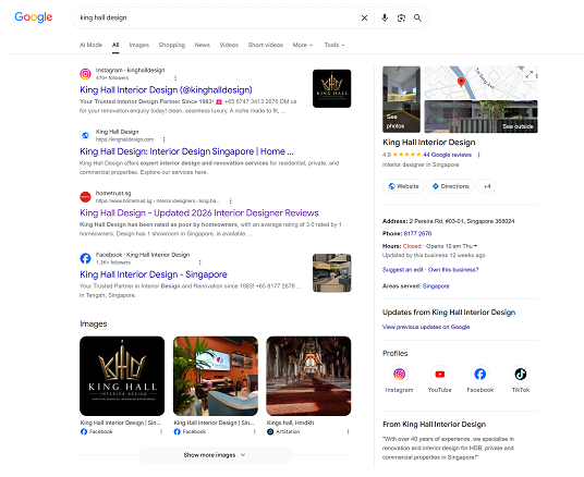 Google Search verification and client reviews for King Hall Interior Design Singapore
