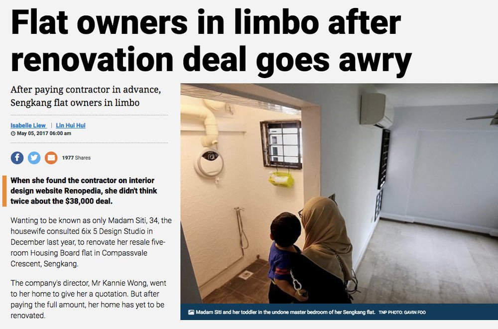 Newspaper clipping documenting CASE consumer complaints and renovation contractor issues in Singapore