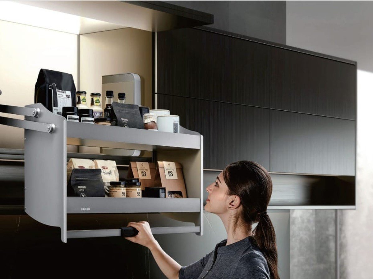 Higold pull-down lift basket carpentry and kitchen interior design by King Hall Design